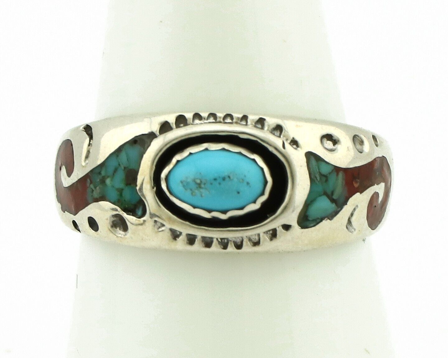 Navajo Handmade Ring 925 Silver Blue Turquoise & Coral Native American C.80's