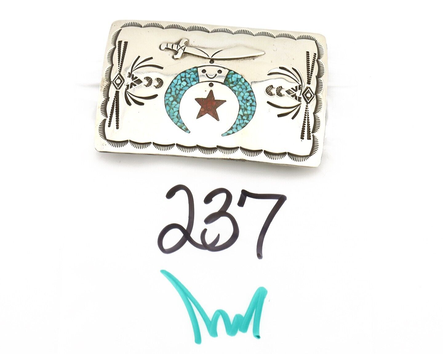 Navajo Belt Buckle .925 Silver Handmade Chip Inlay Artist Signed Bee Gay C.80's