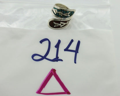 Navajo Chip Inlay Ring 925 Silver Turquoise & Coral Artist Native Artist C.80's