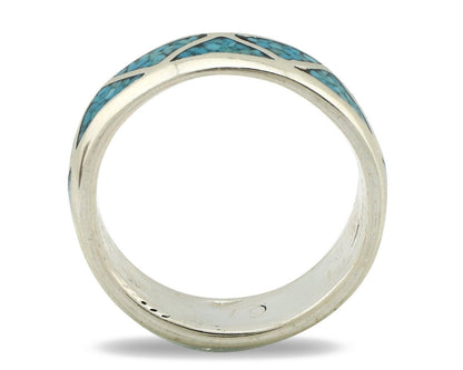 Navajo Chip Inlay Ring 925 Silver Sleeping Beauty Turquoise Artist Silver Cloud