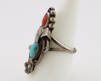 Navajo Handmade Ring 925 Silver Turquiose & Coral Artist Signed EB C.80's
