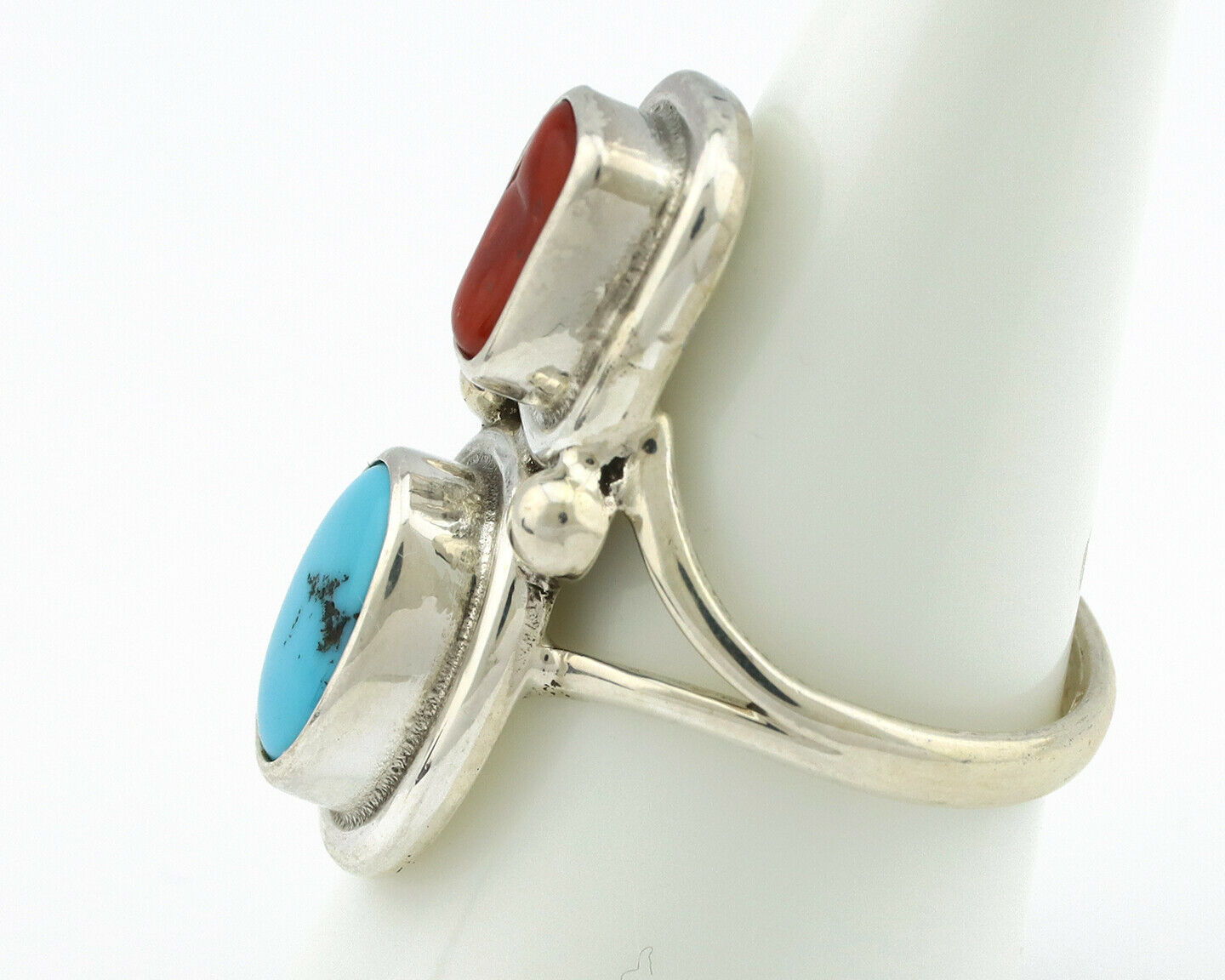 Navajo Ring .925 Silver Blue Turquoise & Red Coral Native American Artist C.80's