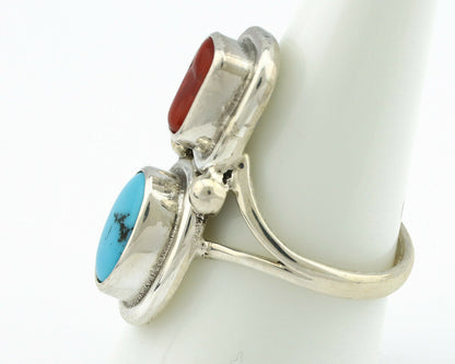 Navajo Ring .925 Silver Blue Turquoise & Red Coral Native American Artist C.80's