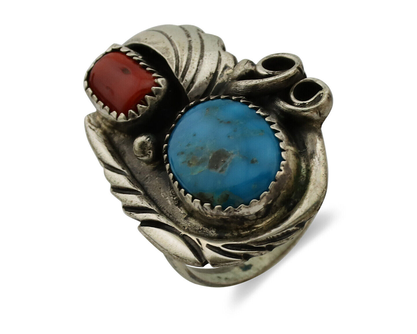 Navajo Ring 925 Silver Turquoise & Coral Artist Signed Native American C.80s
