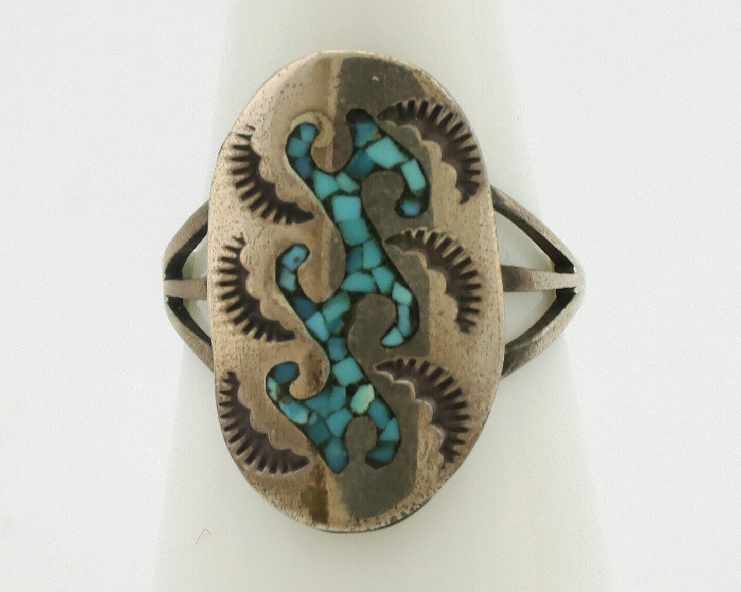 Small Navajo Ring 925 Silver Chip Inlay Turquoise Artist Signed NAKAI C.80's