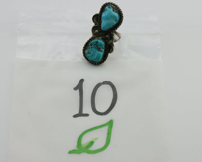 Navajo Ring .925 Silver Globe Turquoise Hand Stamped Native American Artist C80s