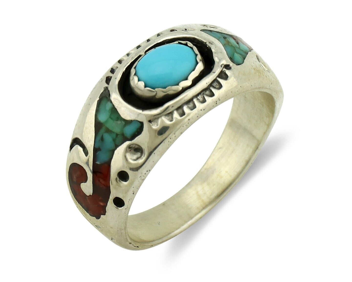 Navajo Handmade Ring 925 Silver Blue Turquoise & Coral Native American C.80's