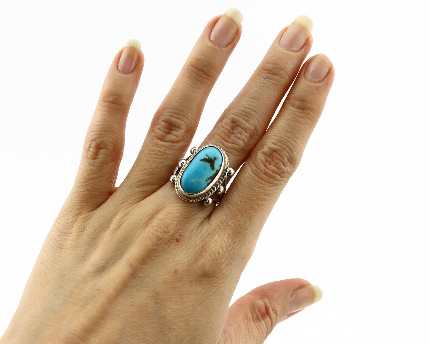 Navajo Ring .925 Silver Morenci Turquoise Native American Artist C80s