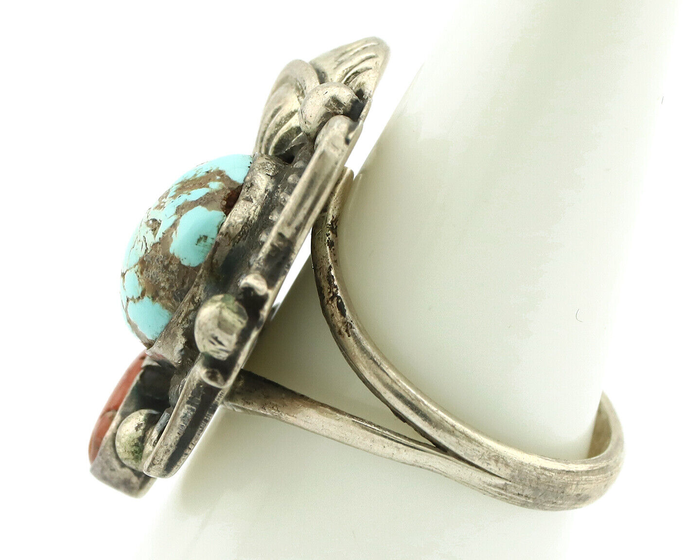 Navajo Ring 925 Silver Coral & Globe Turquoise Native American Artist C.80's