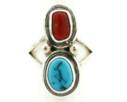 Navajo Ring .925 Silver Red Coral & Blue Turquoise Native Artist C.80's