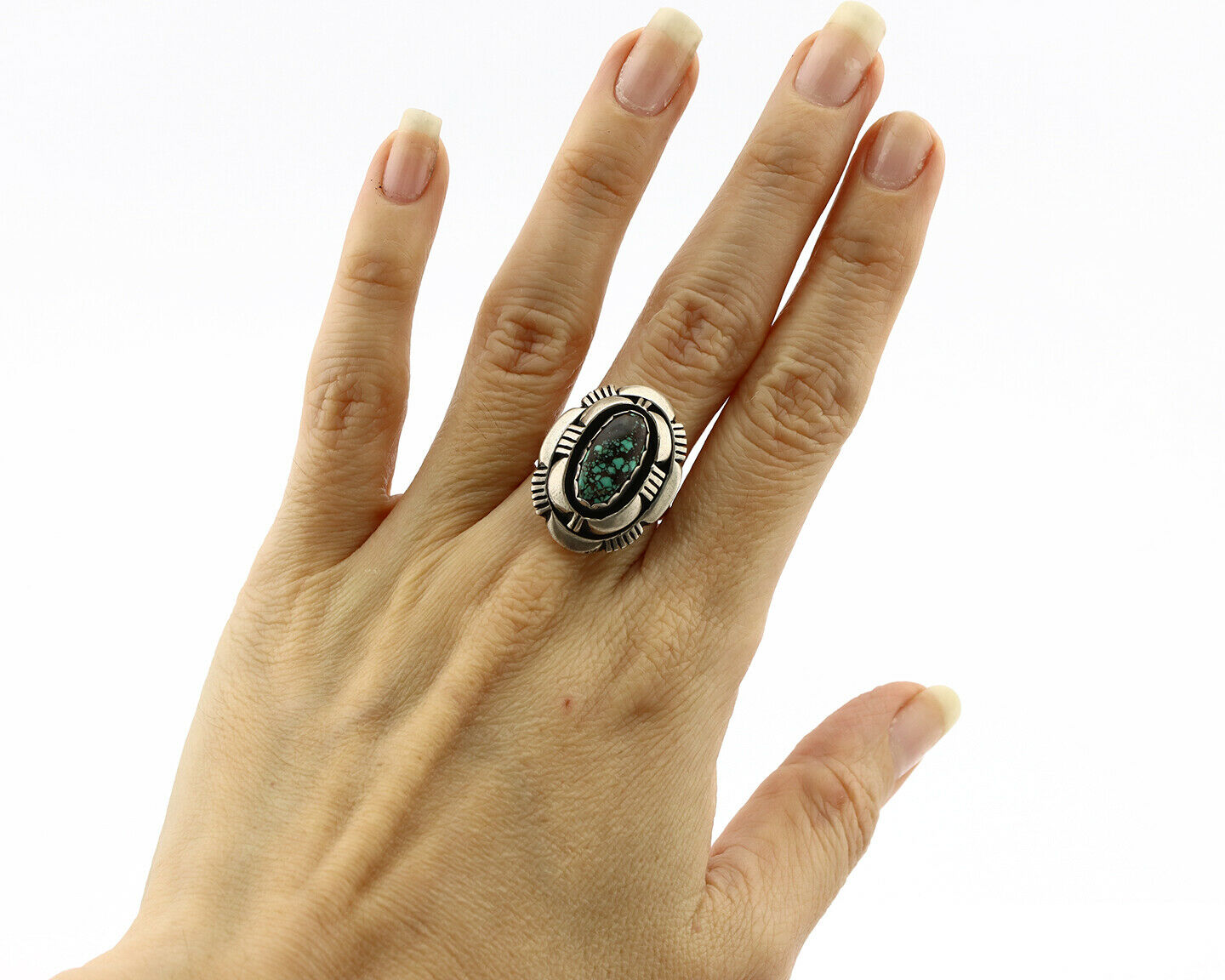 Navajo Ring .925 Silver Spiderweb Turquoise Artist Signed L. M. Nez C80s