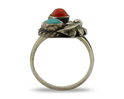 Navajo Handmade Ring 925 Silver Turquiose & Coral Native American Artist C.80's