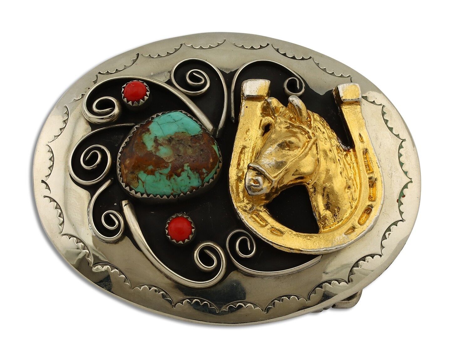 Navajo Eagle Head Belt Buckle .999 Nickle Turquoise & Coral Native Artist C80s