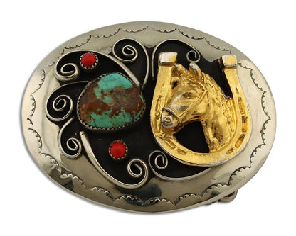 Navajo Eagle Head Belt Buckle .999 Nickle Turquoise & Coral Native Artist C80s