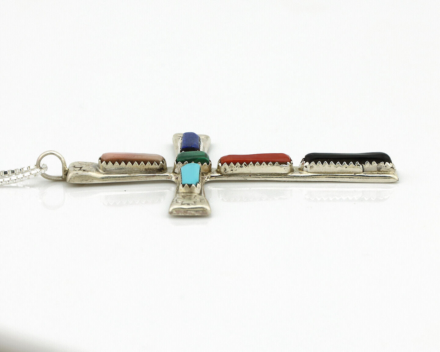 Zuni Handmade Cross Necklace 925 Silver Natural Gemstone Signed W. IULE C.80's