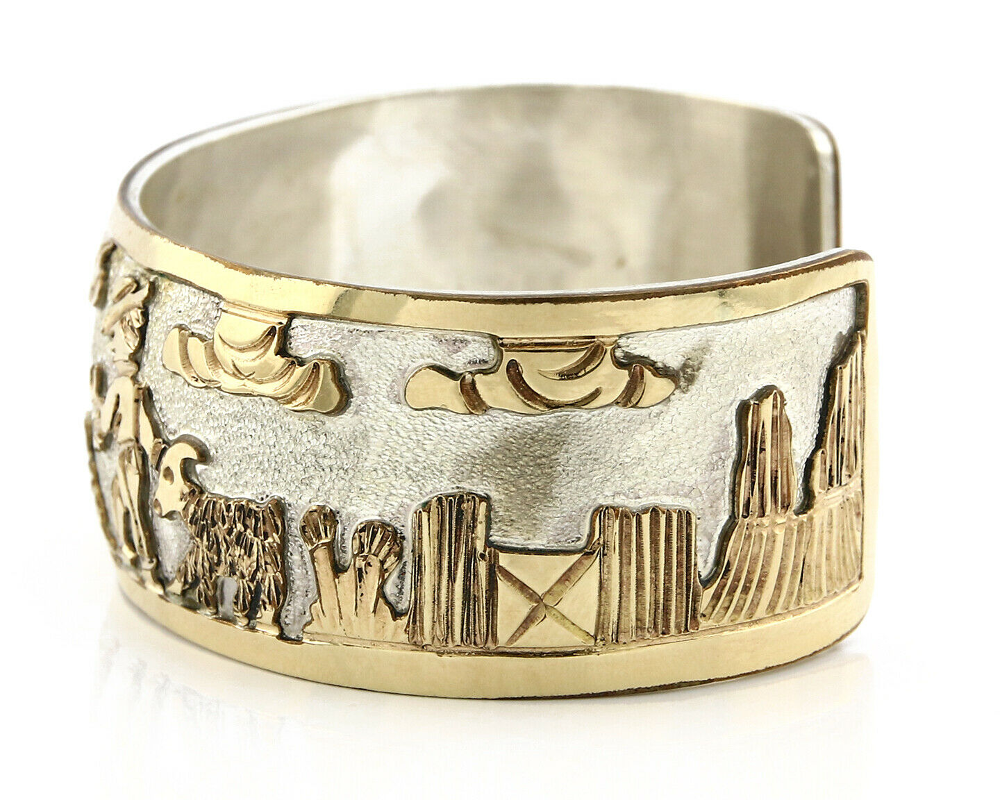 Navajo Bracelet Pictograph Landscape SOLID .925 Silver & 12K GF Artist Signed B