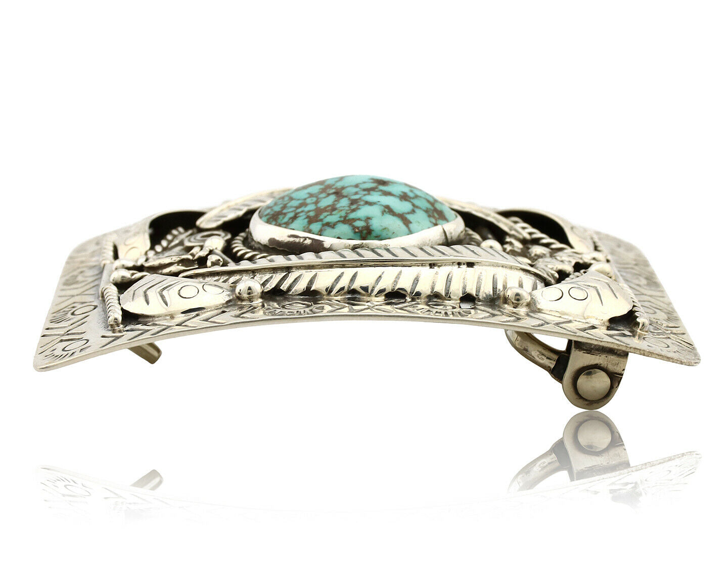 Navajo Belt Buckle .925 Silver Natural Blue Turquoise Artist Signed Tepee C.80's