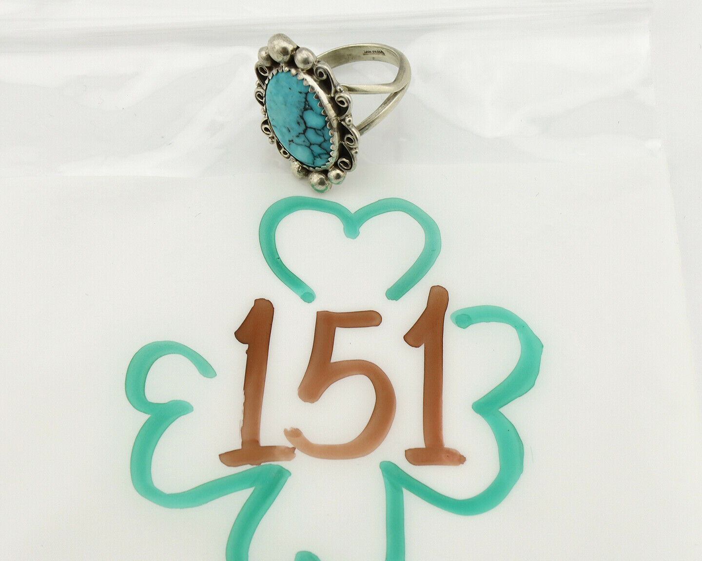 Navajo Ring .925 Silver Spiderweb Turquoise Native American Artist C.80's