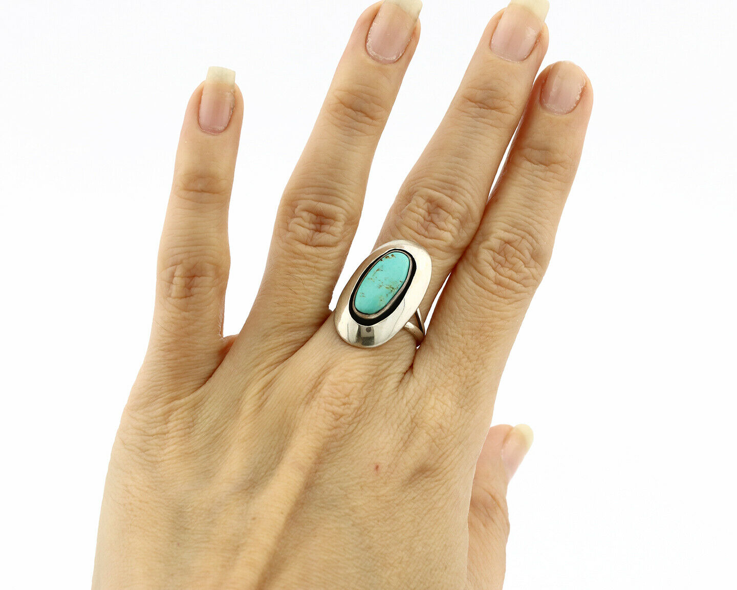 Navajo Shadow Box Ring .925 Silver Kingman Turquoise Signed M Montoya C80s