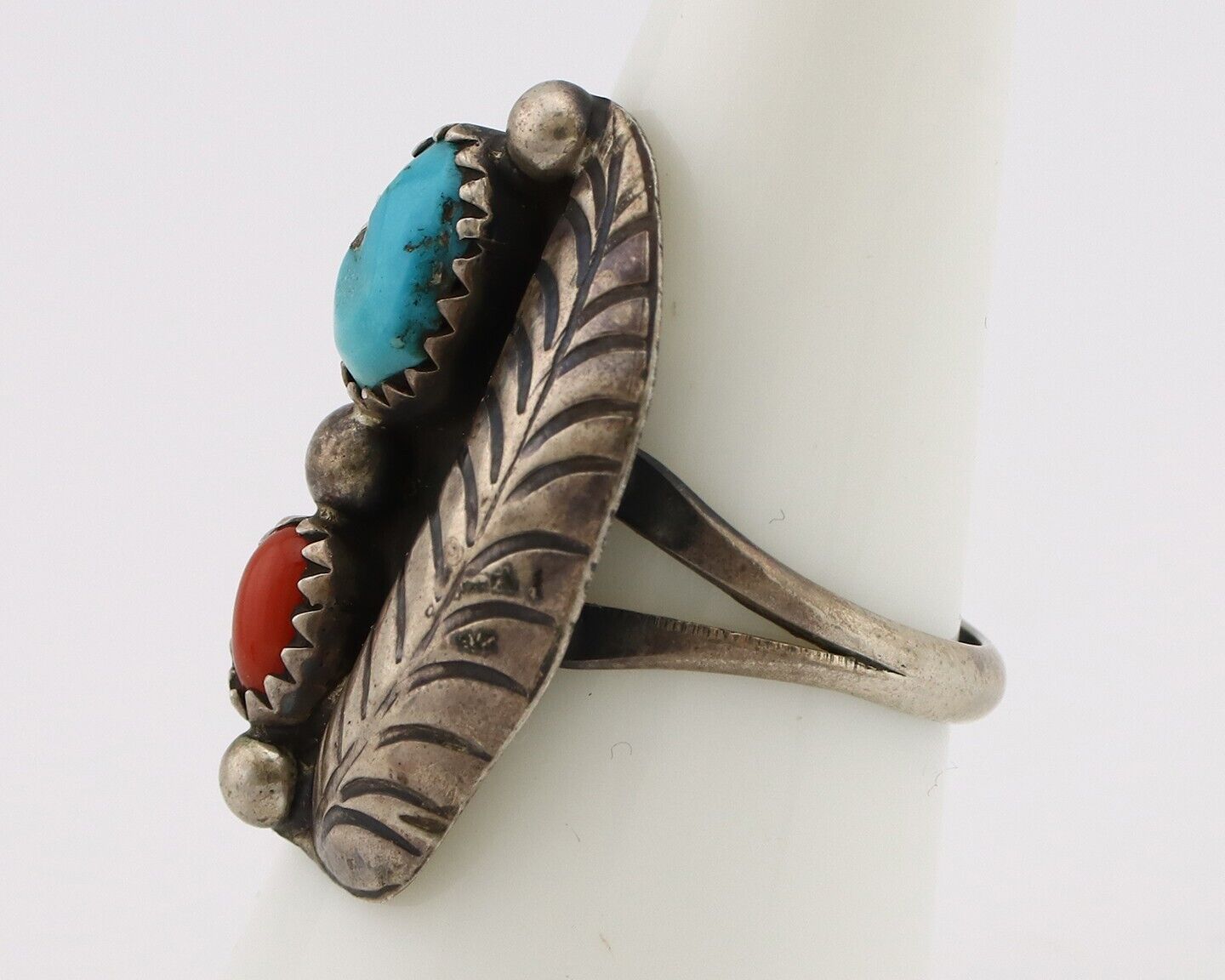 Navajo Handmade Ring 925 Silver Turquiose & Coral Artist Signed Moore C.80's