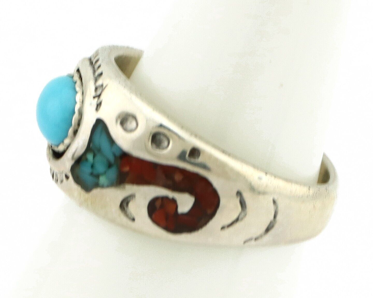 Navajo Handmade Ring 925 Silver Blue Turquoise & Coral Native American C.80's