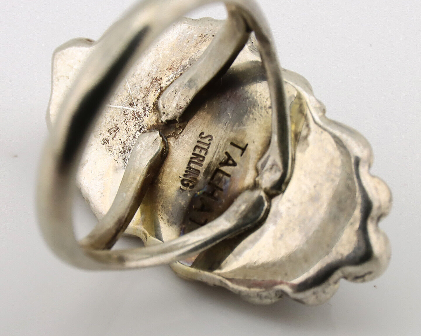 Navajo Ring .925 Silver Spiderweb Turquoise Artist Signed TALHAT C.80's