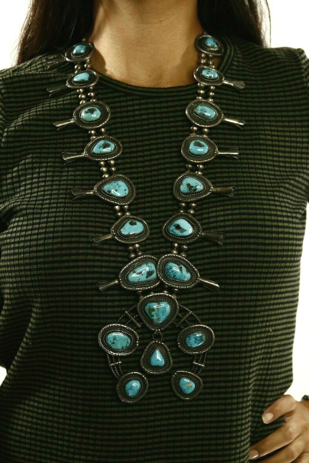 C.1950's Old Pawn Navajo Hand Stamped Bisbee Turquoise .925 Squash Necklace