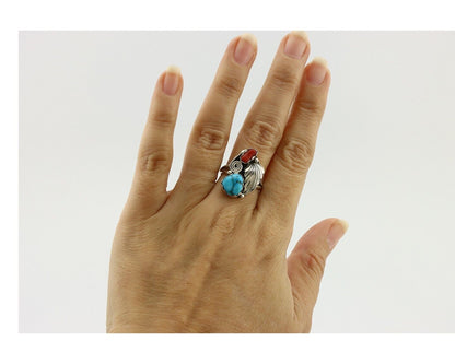 Navajo Handmade Ring 925 Silver Turquiose & Coral Native American Artist C.80's