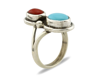 Navajo Handmade Ring 925 Silver Coral & Turquoise Native American Artist C.80's