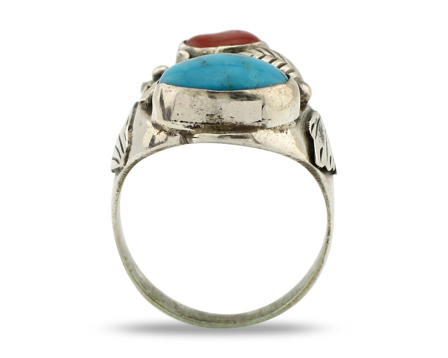 Navajo Ring 925 Silver Blue Turquiose & Mediterranean Coral Native Artist C.80's