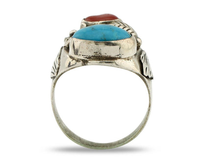 Navajo Ring 925 Silver Blue Turquiose & Mediterranean Coral Native Artist C.80's