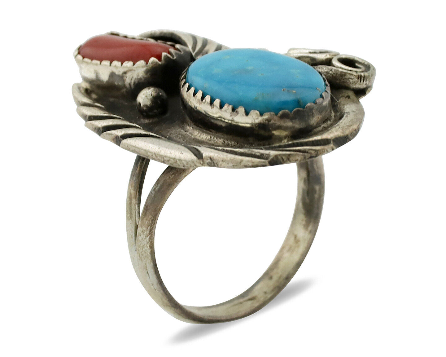 Navajo Ring 925 Silver Turquoise & Coral Artist Signed Native American C.80s