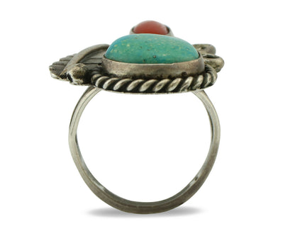 Navajo Ring .925 Silver Turquoise & Coral Native American Artist C.1975's