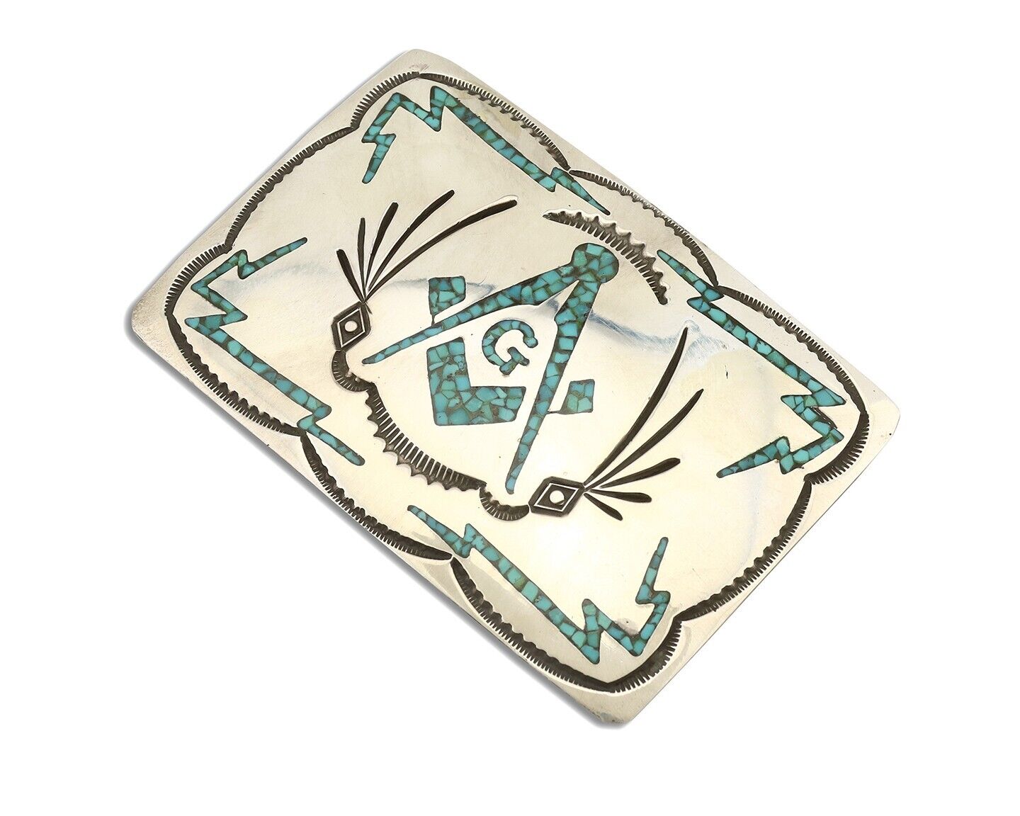 Navajo Belt Buckle .925 Silver Handmade Chip Inlay Artist Signed Bee Gay C.80's