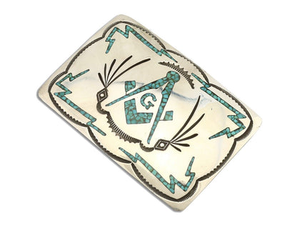 Navajo Belt Buckle .925 Silver Handmade Chip Inlay Artist Signed Bee Gay C.80's