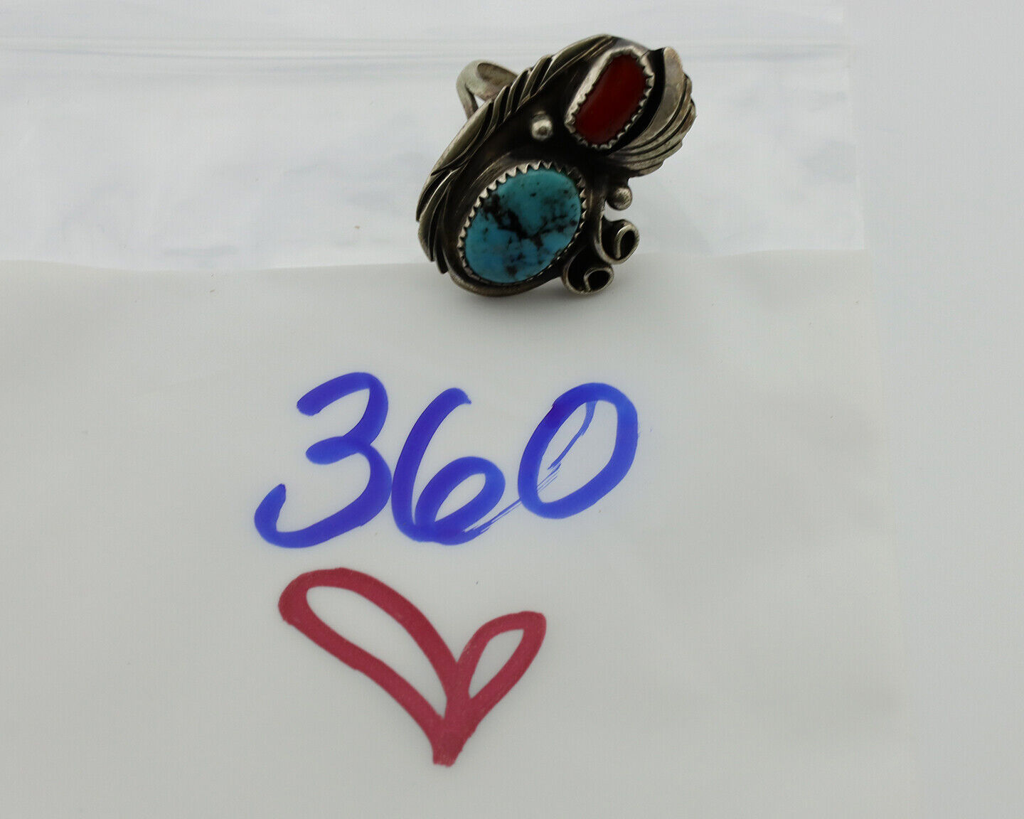 Navajo Ring 925 Silver Turquoise & Coral Artist Signed Native American C.80s
