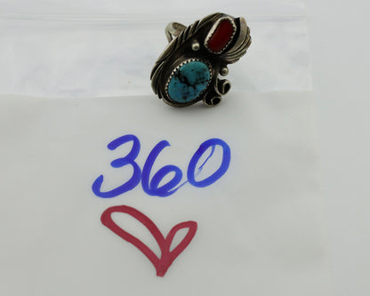 Navajo Ring 925 Silver Turquoise & Coral Artist Signed Native American C.80s