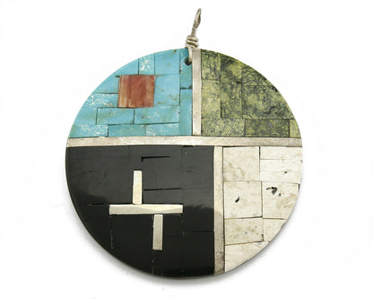 C. 1980's Santa Domingo Natural Gemstone Inlaid Handmade .925 Silver Pendant