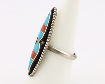 Zuni Handmade Ring .925 Silver Turquoise & Coral Artist Signed L&J C.80's