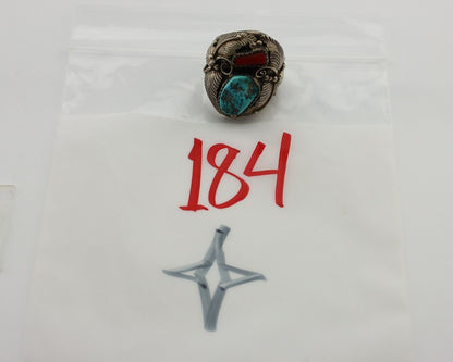 Navajo Ring 925 Silver Blue Turquiose & Mediterranean Coral Native Artist C.80's