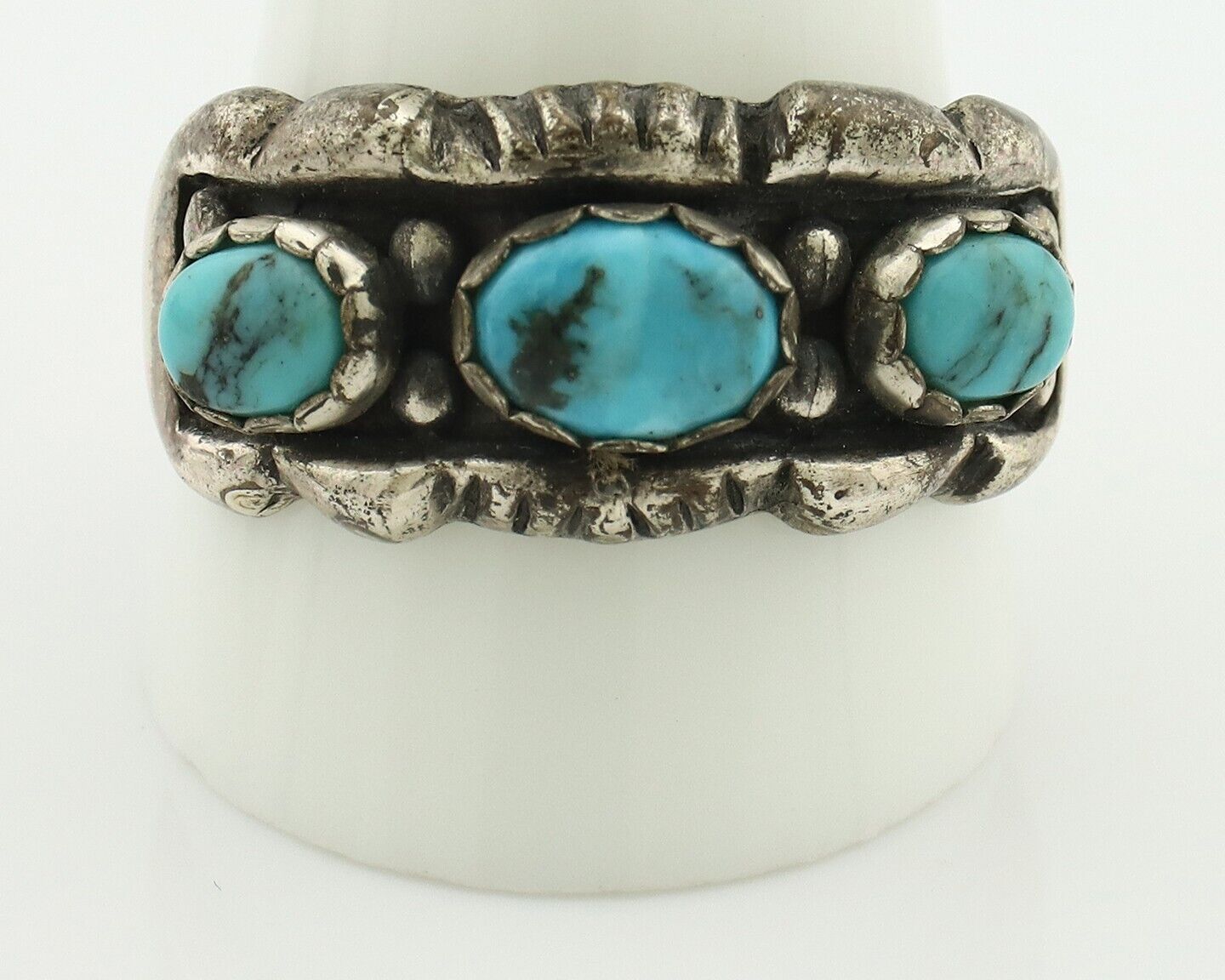 Navajo Ring .925 Silver Natural Blue Turquoise Artist Signed Sun Bell C.80's
