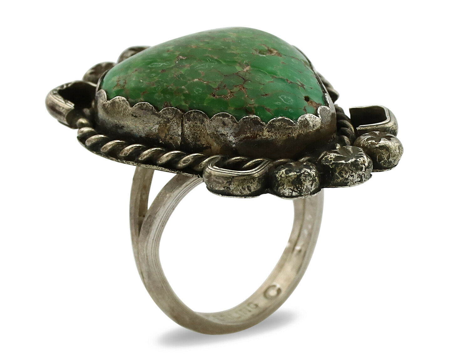 Navajo Ring .925 Silver Green Spiderweb Turquoise Native Artist C.1980's