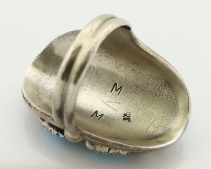 Navajo Ring 925 Silver Blue Turquiose & Coral Artist Signed Elgin Hoskey C.80's