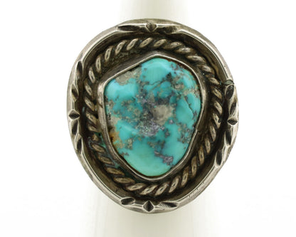 Navajo Ring .925 Silver Globe Turquoise Hand Stamped Native American Artist C80s