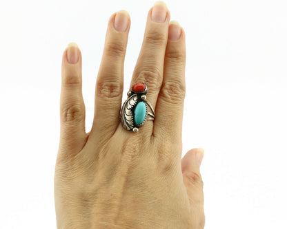 Navajo Ring .925 Silver Turquoise & Coral Native American Artist C.1980's