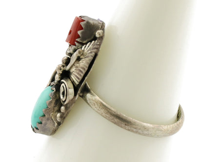 Navajo Ring 925 Silver Coral & Turquoise Handmade Native American Artist C.1980s