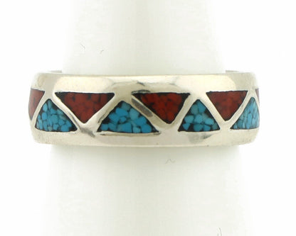 Navajo Ring 925 Silver Natural Turquoise & Coral Native American Artist C.80's