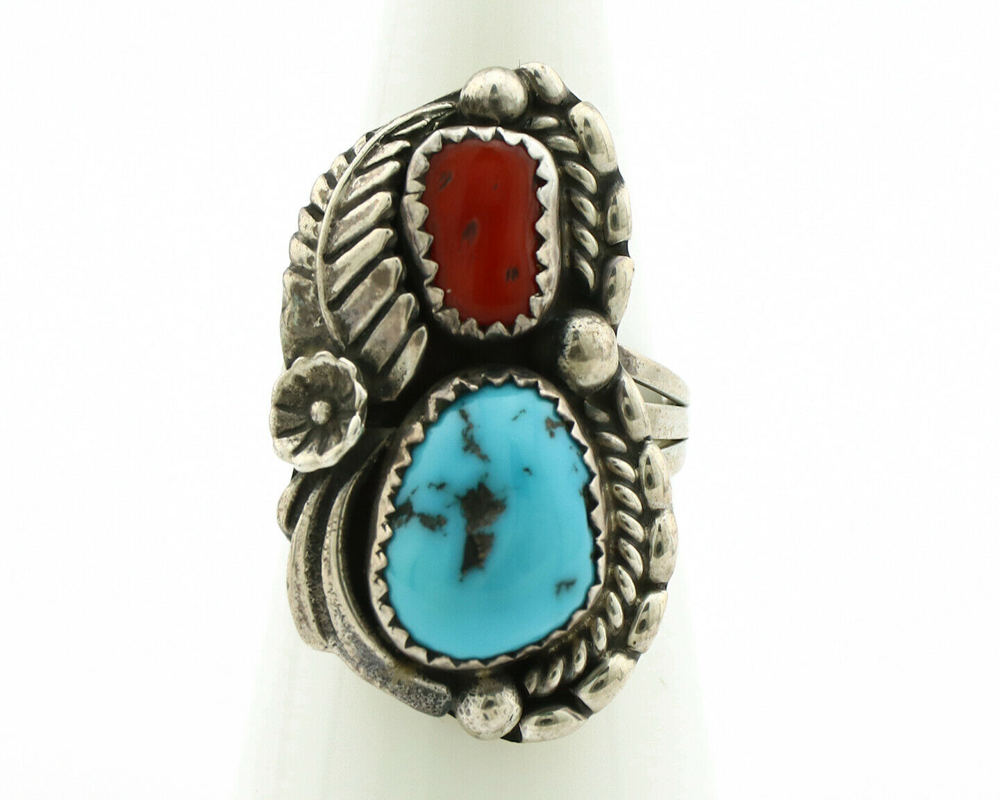 Navajo Ring .925 Silver Turquoise & Coral Artist Signed Thomas Singer C.80's