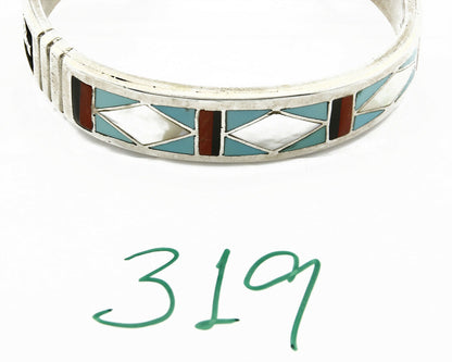 C. 1980's Zuni Inlaid Gemstone .925 Silver Handmade Cuff Bracelet