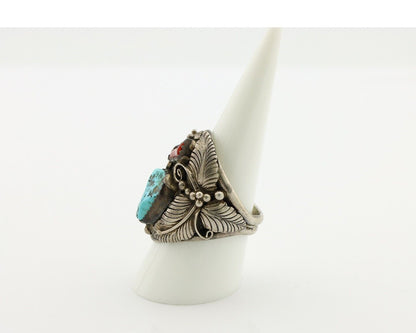 Navajo Ring 925 Silver Blue Turquiose & Mediterranean Coral Native Artist C.80's